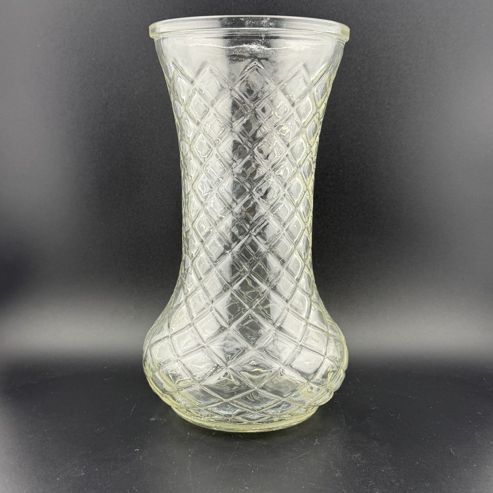 Vintage Hoosier Glass 4086 Clear Vase 8.5" Quilted Diamond Criss Cross Pattern